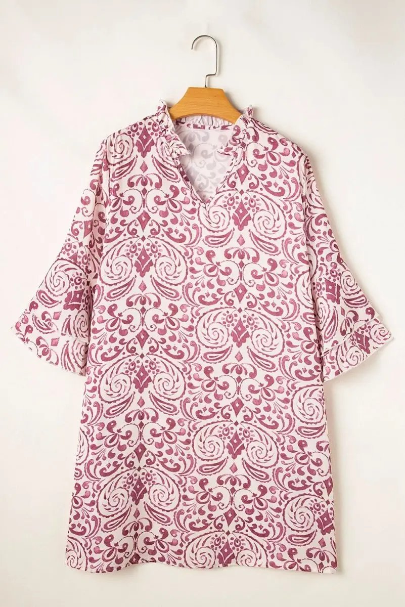 Pink Paisley Print Tiered 3/4 Sleeve Notched Neck Mini Dress - Love Salve
